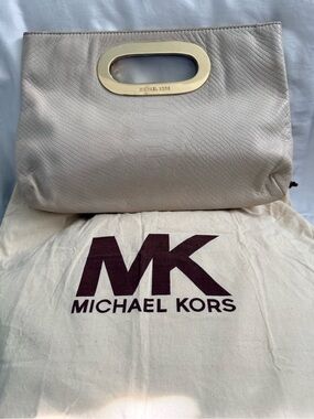 Michael Kors Ivory Leather Handheld Clutch with Gold-Tone Handle